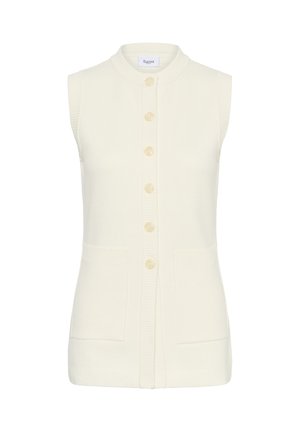 Cardigan crem fără mâneci, cu guler înalt, nasturi în față și două buzunare frontale. Textură moale de tricot, margini tricotate.