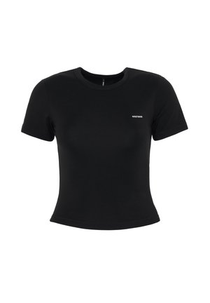 Schwarzes T-Shirt mit kurzen Ärmeln aus glattem Stoff. Verfügt über einen runden Halsausschnitt und ein weißes Logo auf der Brust. Taillierte Passform.