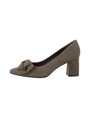Taupe suede low block heel pump with pointed toe and large decorative bow on front, shown from side on white background.