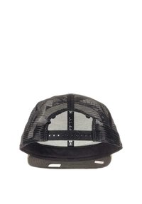 Schwarze Mesh-Trucker-Cap mit einem soliden schwarzen Frontpanel und Schirm, einstellbarem Snapback-Verschluss und einem dezenten Logo auf der Rückseite.