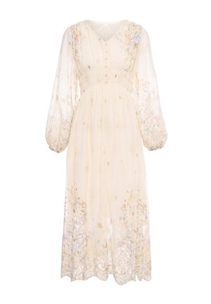 Kremfarvet midi-kjole med lange ærmer i transparent stof, blomsterbroderi, knappet bodice, elastisk talje og bølget kant.