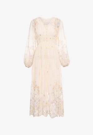Kremfarvet midi-kjole med lange ærmer i transparent stof, blomsterbroderi, knappet bodice, elastisk talje og bølget kant.