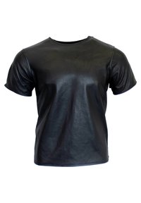 Schwarzes T-Shirt mit kurzen Ärmeln aus glattem Leder, mit Rundhalsausschnitt und lässiger Passform. Verfügt über dezente Nahtdetails entlang der Ärmel.