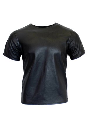 Schwarzes T-Shirt mit kurzen Ärmeln aus glattem Leder, mit Rundhalsausschnitt und lässiger Passform. Verfügt über dezente Nahtdetails entlang der Ärmel.