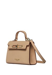 Beige Lederhandtasche mit strukturiertem Design, Obergriff, verstellbarem Schultergurt und goldfarbenen Hardware-Akzenten. Verfügt über einen Frontklappenverschluss.