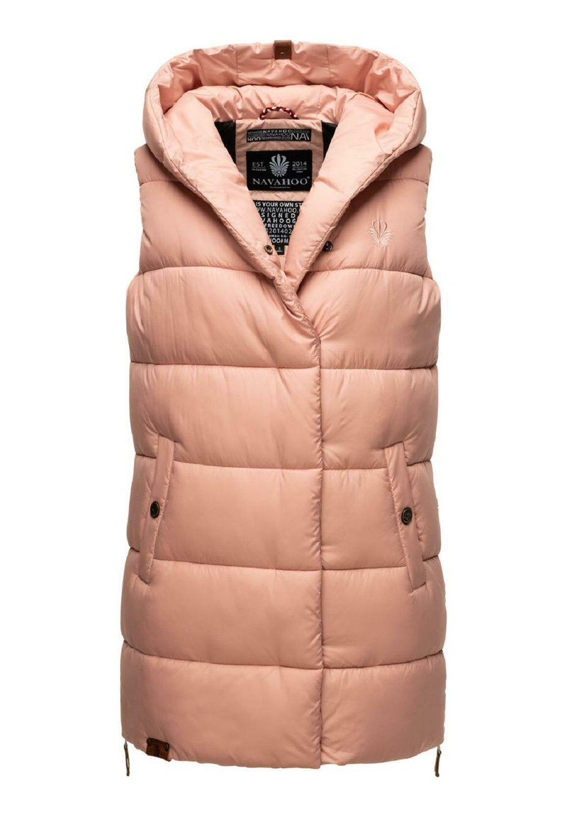 Gepolsterte ärmellose Weste in zartem Rosa, mit hohem Kragen, zwei Fronttaschen und einem Reißverschluss. Glattes, glänzendes Material mit gesteppten Linien.