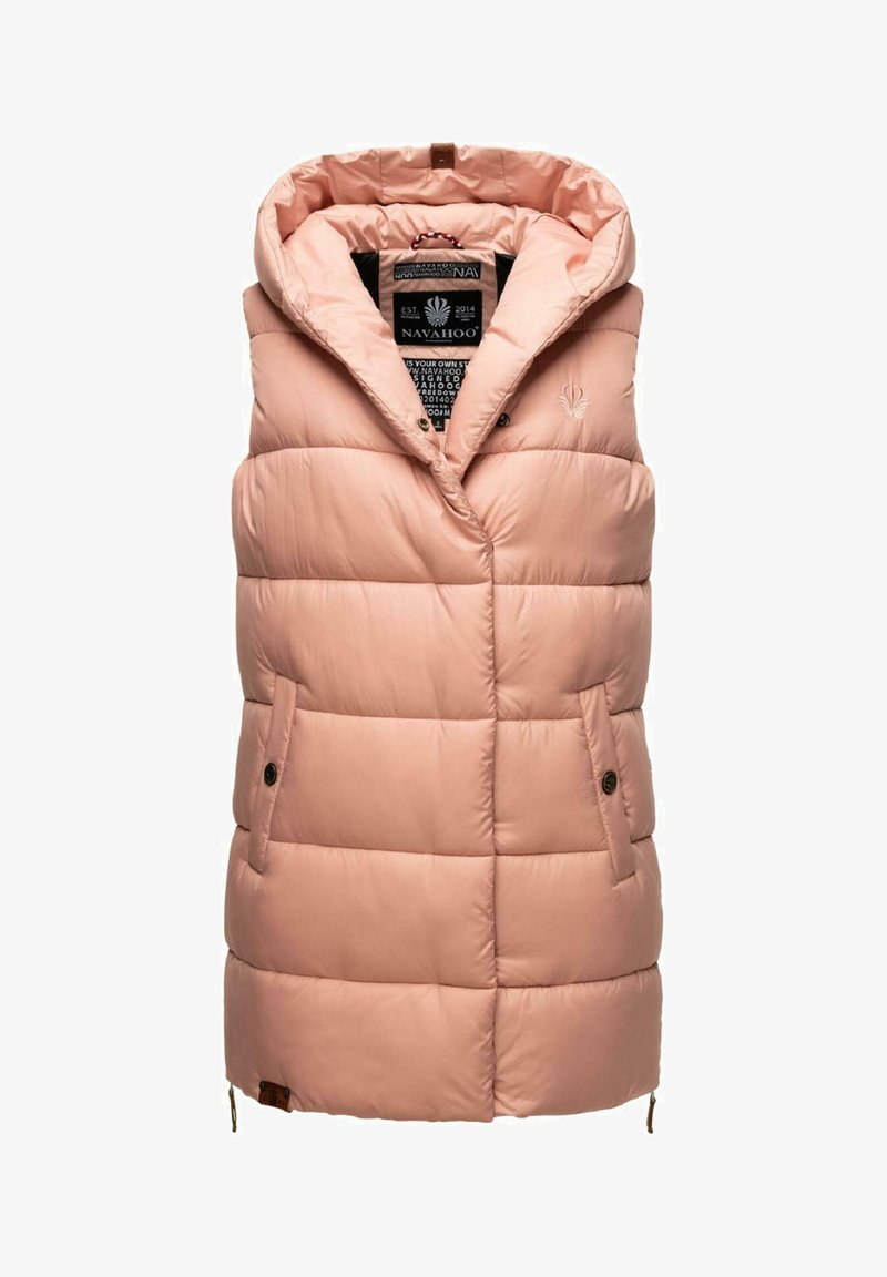 Gilet imbottito senza maniche in rosa chiaro, con colletto alto, due tasche frontali e chiusura zip. Tessuto liscio e lucido con righe trapuntate.