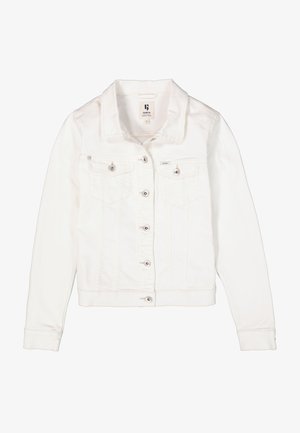 Witte denim jas met lange mouwen, knoopsluiting aan de voorkant, twee borstzakken en zilverkleurige hardware. Heeft een klassieke kraag en een getailleerde pasvorm.