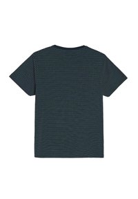 Granatowa koszulka z krótkim rękawem z poziomymi białymi i jasnoniebieskimi paskami. Okrągły dekolt, miękka faktura materiału i luźny krój.