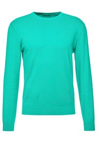 Turkusowy sweter z długim rękawem, z okrągłym dekoltem, ściągaczami przy rękawach i u dołu, wykonany z miękkiej, elastycznej dzianiny.
