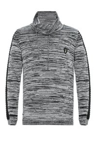 Grau und schwarz gestreifter Pullover mit Schalkragen, Kordelzug und strukturierten schwarzen Akzenten an den Ärmeln; weicher, gestrickter Stoff.