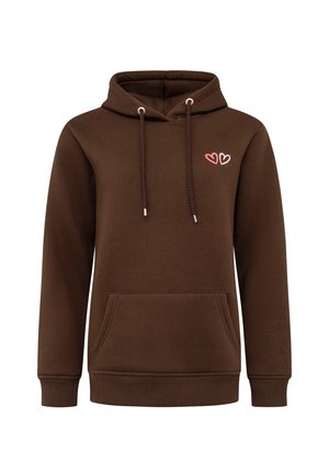 Brauner Hoodie aus weichem Stoff mit verstellbaren Kordeln, einer Vorderasche und rosa Herzstickerei im linken Brustbereich.