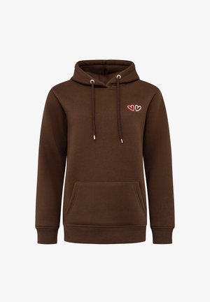 Brązowy hoodie z miękkiego materiału z regulowanymi sznurkami, przednią kieszenią i różowym haftem serca po lewej stronie klatki piersiowej.