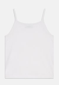 White cotton camisole with thin spaghetti straps, featuring a smooth texture and a simple, clean design without patterns or accents.