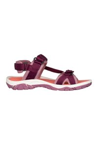 Sport-sandaler med justerbara mörkrosa remmar, andningsbart meshtyg på ovansidan, vadderat innersulor i ljusrosa och texturerad gummisula i lila.