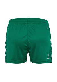 Pantalones cortos deportivos verdes hechos de un tejido suave, con una banda elástica en la cintura, rayas en forma de chevron blanca en los laterales y un logo en la parte inferior derecha.