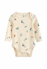 Bodysuit pour bébé à manches longues en crème, présentant des motifs colorés d'animaux et de nature. Fabriqué en tissu doux avec des fermetures à pression à la base.