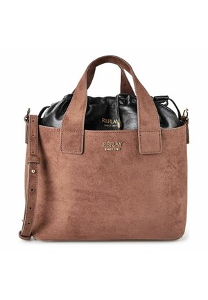 Braune Wildleder-Handtasche von Replay mit kurzen Griffen, verstellbarem Riemen und schwarzem Kordelzug-Lederinnenbeutel.