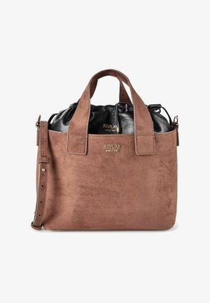 Sac à main Replay en daim marron avec poignées courtes, bandoulière réglable et pochette intérieure en cuir avec cordon de serrage noir.