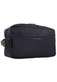 Temno modra toaletna torba z teksturiranim materialom, zadrgo in stransko ročico. Na sprednji strani je bleščeč logotip "Bogner".