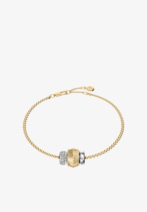 Gold beaded bracelet with three central charms: silver with crystals, gold textured chevron, and smooth silver ring.