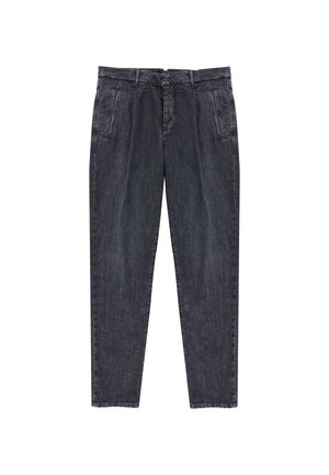 Pantalones de denim gris oscuro con corte recto, que presentan una cintura de altura media, dos bolsillos frontales y detalles de costura sutiles.