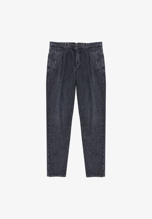 Dunkelgraue Jeanshose mit geradem Schnitt, mittelhohem Bund, zwei Fronttaschen und subtilen Steppdetails.