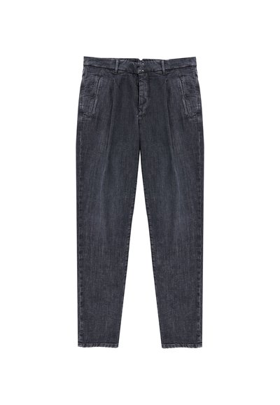 Pantaloni in denim grigio scuro con taglio dritto, dotati di vita media, due tasche frontali e dettagli di cucitura sottili.