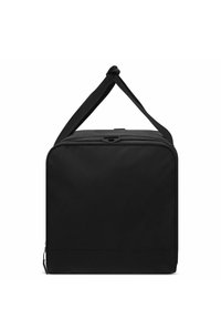 Bolsa de almacenamiento de tela negra con forma rectangular, que presenta un asa en la parte superior y un cierre de cremallera en el lado. Diseño minimalista, sin patrones.