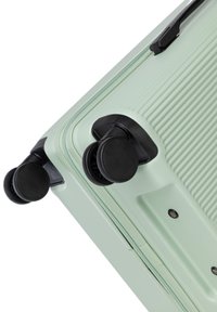 Hard-shell suitcase in pastel green with a textured surface, two black wheels, and a zipper closure along the side.