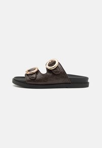 Brown quilted slide sandals featuring two circular gold accents on the upper. Smooth black footbed and durable rubber outsole.