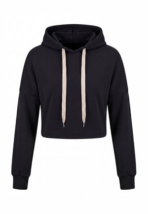 Sweat à capuche court noir avec manches longues, poignets côtelés, grande capuche et cordons beige clair contrastants centrés à l'avant.