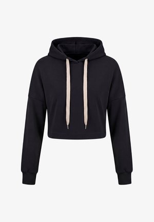 Zwarte cropped hoodie met lange mouwen, geribde boorden, grote capuchon en contrasterende lichtbeige trekkoorden centraal aan de voorkant.