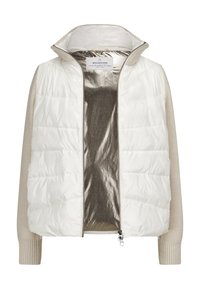 Weiße Pufferjacke mit gestrickten beigen Ärmeln, Reißverschluss und glänzendes silbernes Futter. Verfügt über einen Stehkragen und eine gesteppten Struktur.