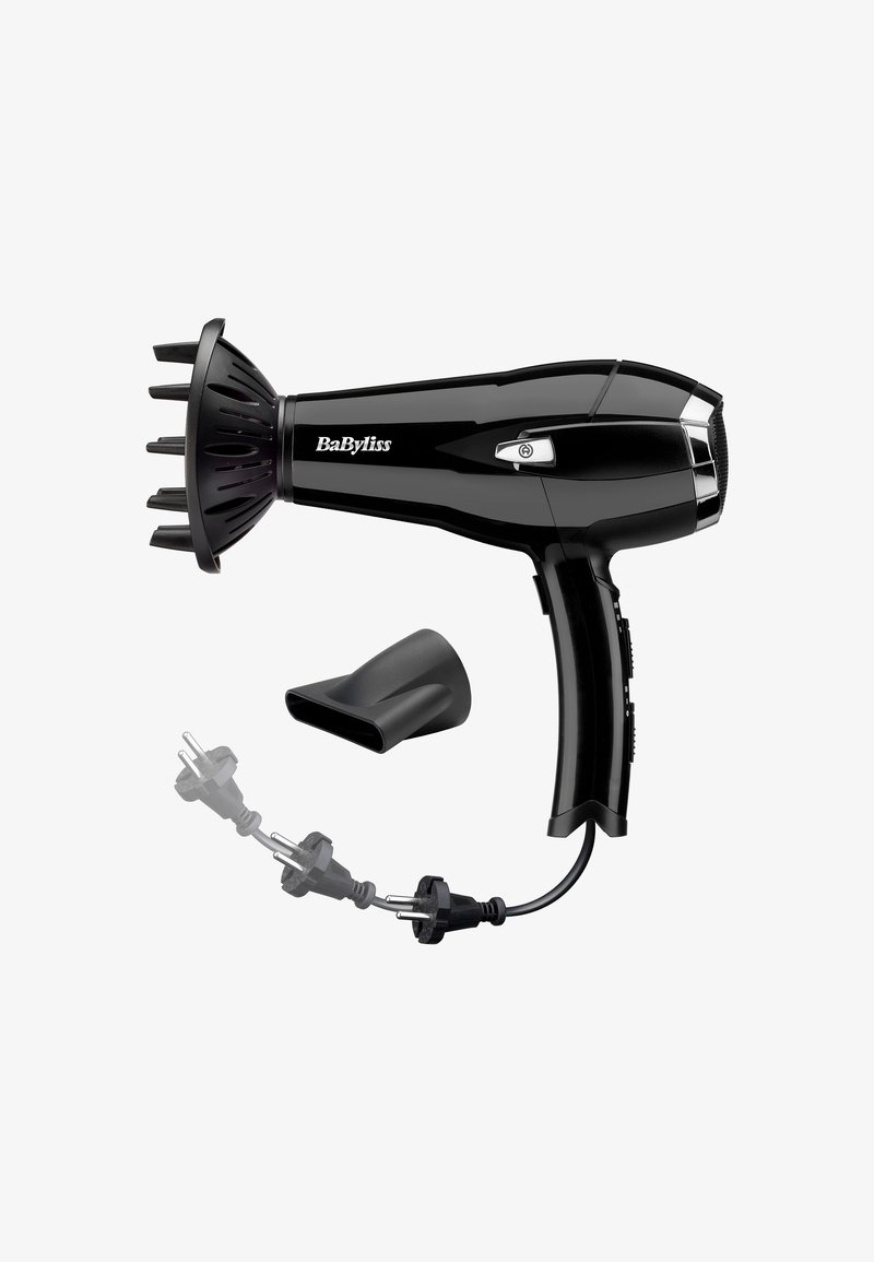 Black BaByliss hairdryer with diffuser attachment, removable nozzle, and European plug shown with cord in motion against white background.