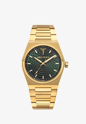 Orologio da polso in metallo dorato con quadrante verde testurizzato, indici delle ore dorati, tre lancette e logo Carlo Colucci sotto il segno delle 12.