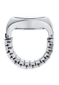 Orologio in metallo argentato con cassa curva, caratterizzato da una finitura liscia e un design di bracciale a maglie con maglie rettangolari. Gemme trasparenti adornano la lunetta.