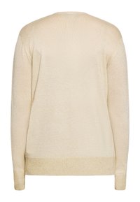 Beige pitkähihaine neulepaita, jossa on pehmeä ja teksturoitu pinta. Ominaisuuksina pyöreä kaula-aukko ja kultaiset yksityiskohdat hihansuissa ja helman kohdalla.