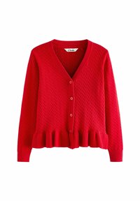 Röd stickad cardigan med V-hals, knappar framtill och texturerad kabelmönster. Har en volangslå och långa ärmar.