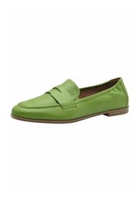 Groene leren loafers met een ronde neus, voorzien van een decoratieve band en subtiele stiksels. Vlakke zool met een lichte hak.