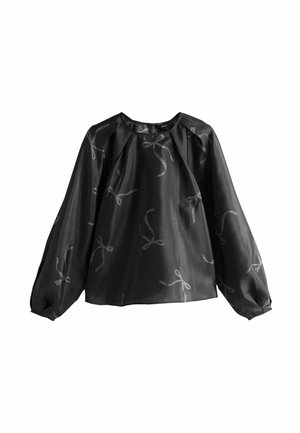 Zwarte blouse met lange, opgebolde mouwen en strikpatronen in zilverkleur. Glad, glanzend materiaal met een ronde hals en geplooide details.