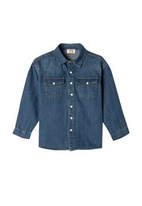 Denimskjorta i mörkblå med lång ärm, två bröstfickor med lock, spetsig krage, knappstängning framtill och kontrasterande sömmar.