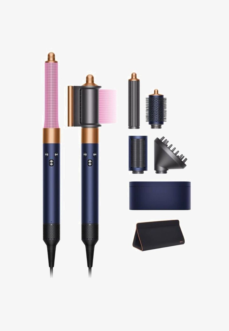 Set haarstylingtools met twee handvatten in marineblauw en roségoud, verwisselbare opzetstukken in verschillende vormen en maten, en een opbergdoos.