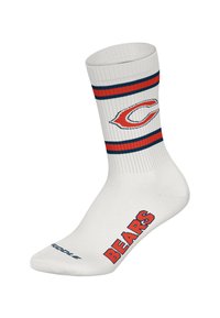 Witte sok met blauwe en oranje strepen, voorzien van een Chicago Bears-logo en "BEARS" in vetgedrukte letters vlak bij de teen. Geribbelde textuur.