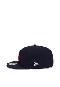 Navy blue fitted cap made of cotton, featuring a raised logo, flat brim, and embroidered accent on the side. Minimalistic design.