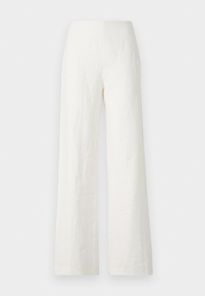 Pantaloni largi din in alb, cu o textură netedă și un design cu talie înaltă. Prezintă o siluetă simplă și curată, fără embellishments.
