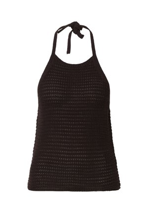Zwarte gehaakte haltertop met een gestructureerd patroon, gestrikt bij de hals, mouwloos en aangesloten bij de taille.