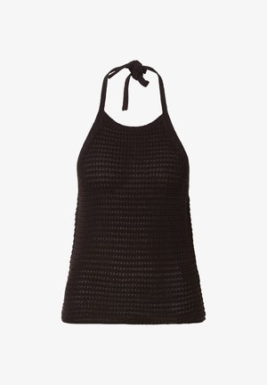 Sort hæklehalstrop med tekstureret mønster, bundet ved halsen, ærmeløs og tætsiddende ved taljen.