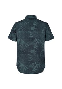 Camisa de manga corta en verde oscuro con un patrón de hojas. Presenta un cuello con solapa y un corte relajado. Fabricada con tejido ligero.