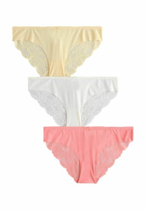 Three pairs of women's underwear: one yellow, one white, and one pink. Each features scalloped lace edges and a soft, stretchy fabric.